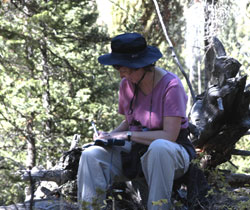 Annette sitting on log above cache