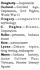 Text Box: DoughertyInspirationGarlandGuilded Age, Depression, Civil Rights, World War IIGregorycomparative mythologyC. HughesBiomes, InspirationKellerprimates, Indiana dunesKernastronomersLyonsDebate topics, drug testing, embargoesManceIndiana history, Asian Culture Fair, Vietnam, Hoosier literary figures